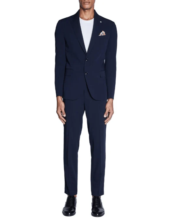 abito monopetto tessuto stretch blu - immagine 2